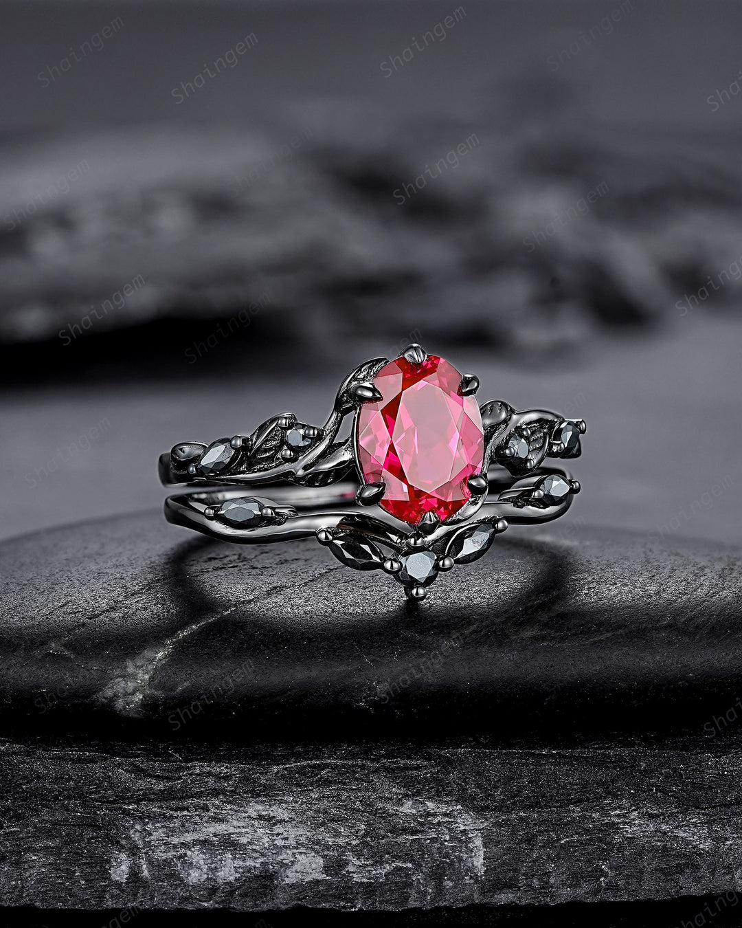 Gothic Oval Shape Ruby Leaf Engagement Ring Set, Black Gold Ruby Promise Ring Set, Nature Inspired Rhodium Black Twig Branch Bridal Set - ShainJewelry
