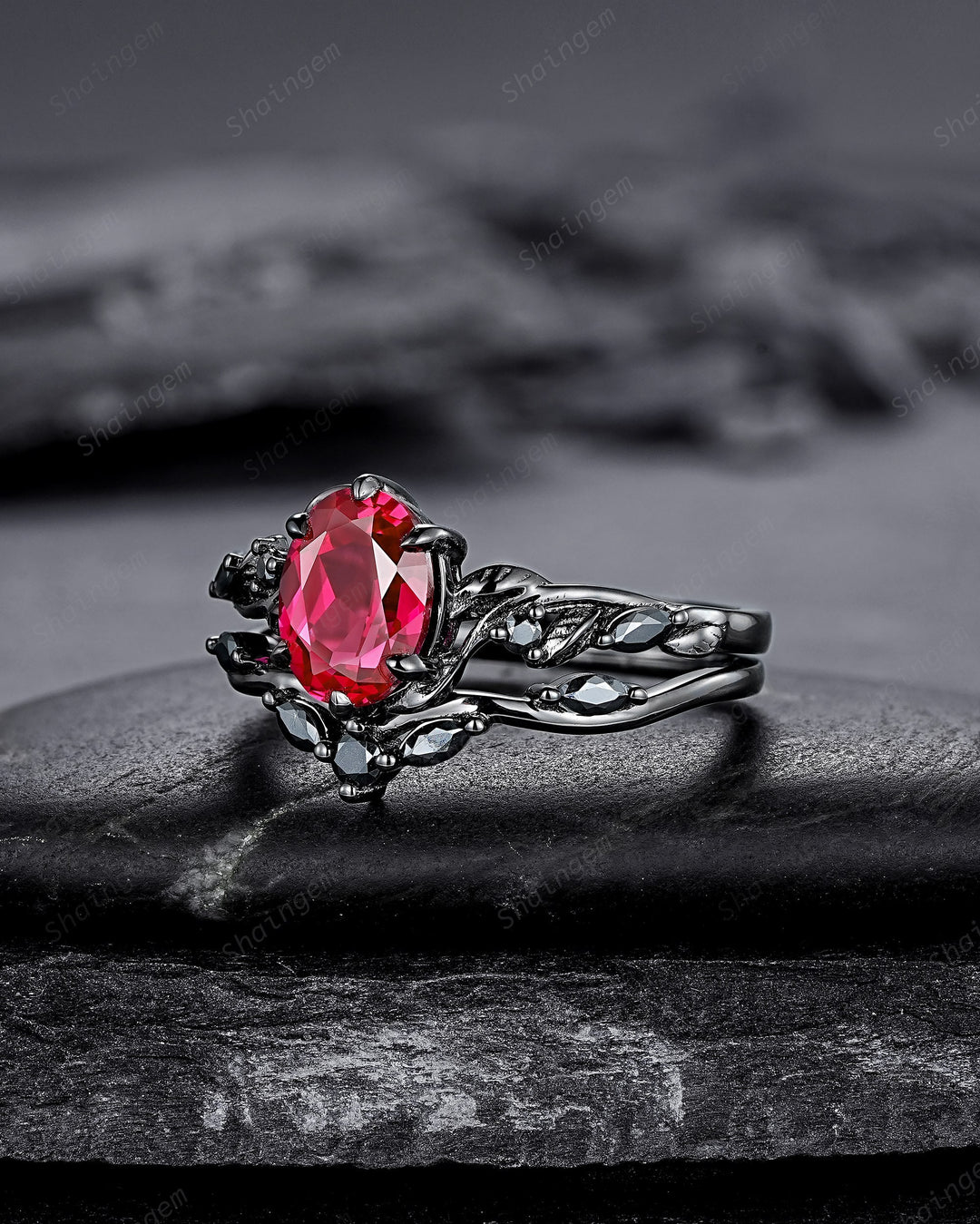 Gothic Oval Shape Ruby Leaf Engagement Ring Set, Black Gold Ruby Promise Ring Set, Nature Inspired Rhodium Black Twig Branch Bridal Set - ShainJewelry