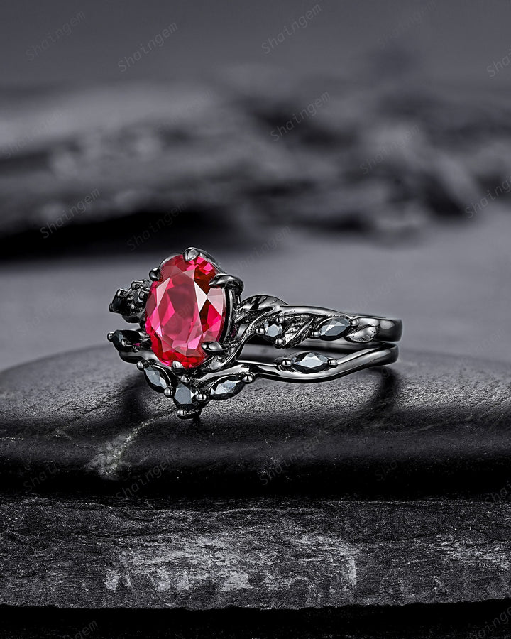 Gothic Oval Shape Ruby Leaf Engagement Ring Set, Black Gold Ruby Promise Ring Set, Nature Inspired Rhodium Black Twig Branch Bridal Set - ShainJewelry