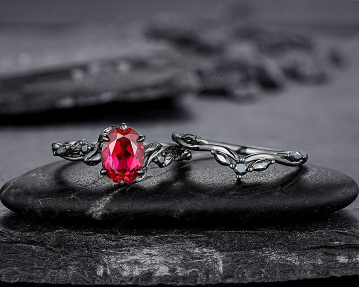 Gothic Oval Shape Ruby Leaf Engagement Ring Set, Black Gold Ruby Promise Ring Set, Nature Inspired Rhodium Black Twig Branch Bridal Set - ShainJewelry