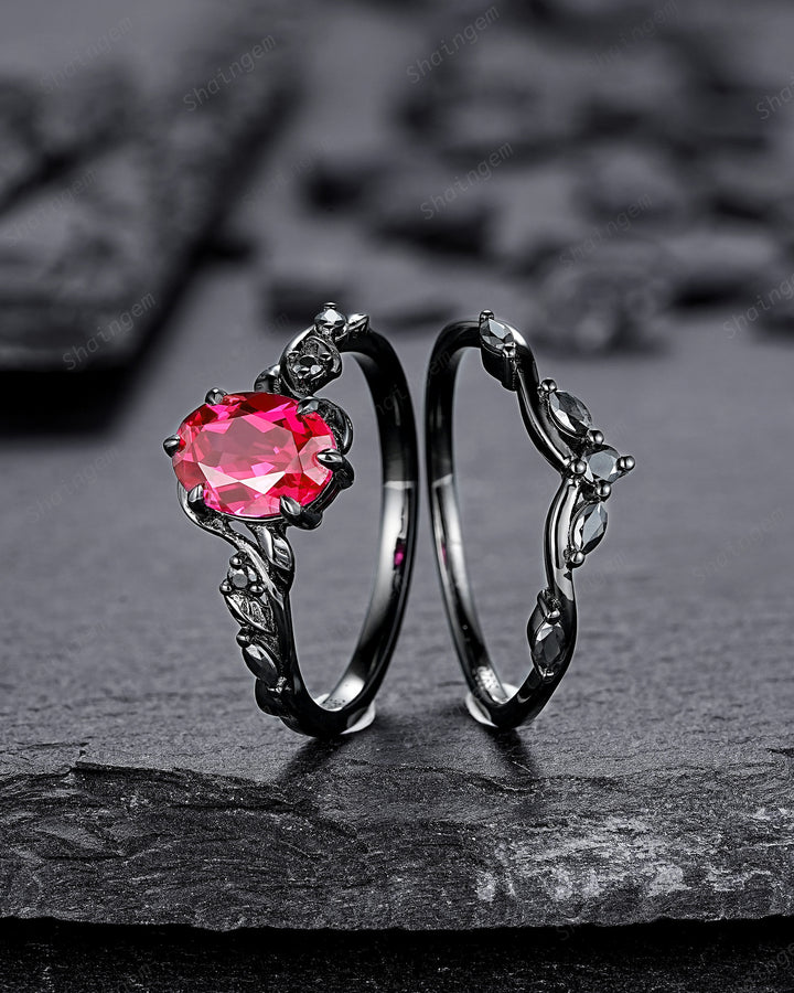 Gothic Oval Shape Ruby Leaf Engagement Ring Set, Black Gold Ruby Promise Ring Set, Nature Inspired Rhodium Black Twig Branch Bridal Set - ShainJewelry