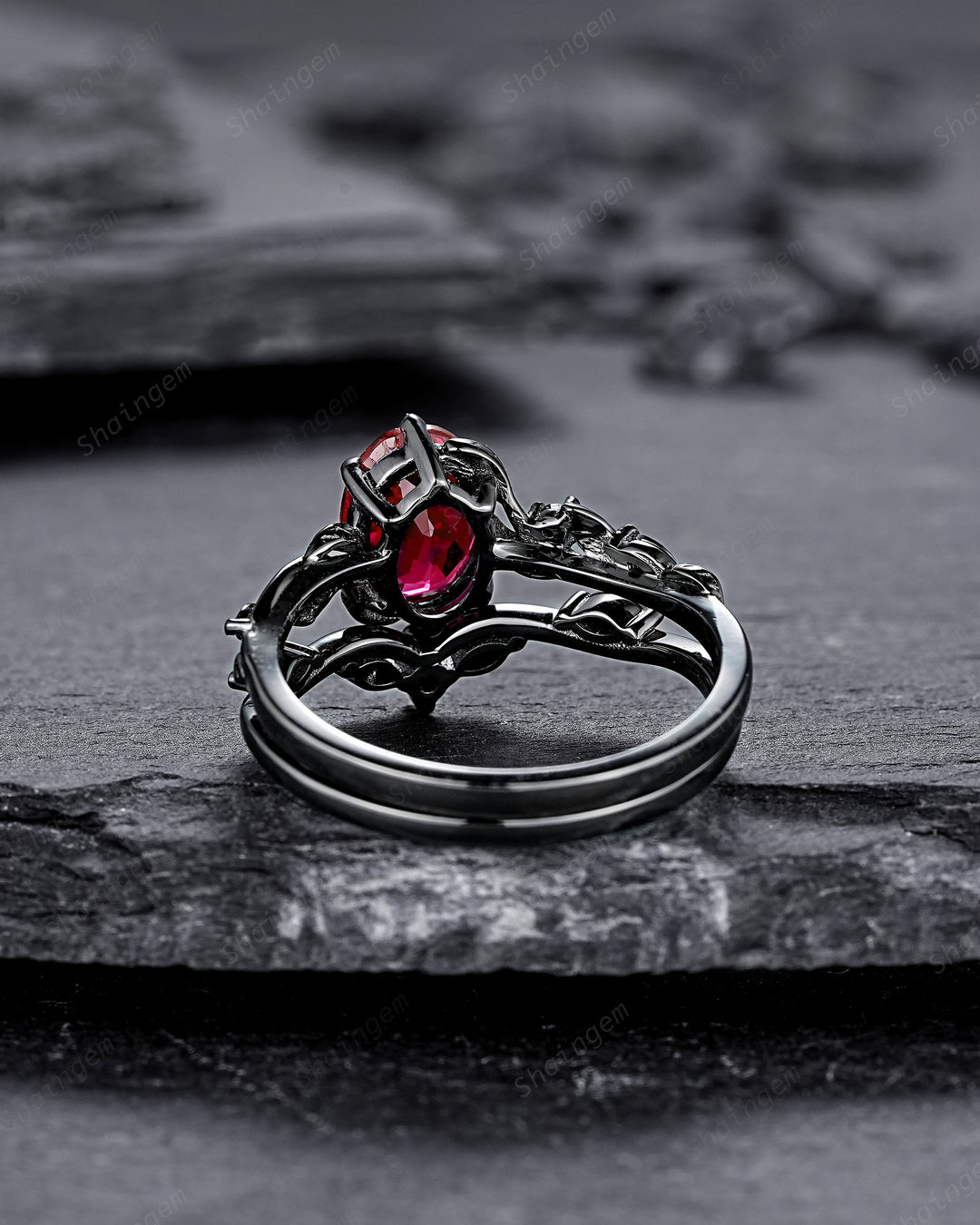 Gothic Oval Shape Ruby Leaf Engagement Ring Set, Black Gold Ruby Promise Ring Set, Nature Inspired Rhodium Black Twig Branch Bridal Set - ShainJewelry