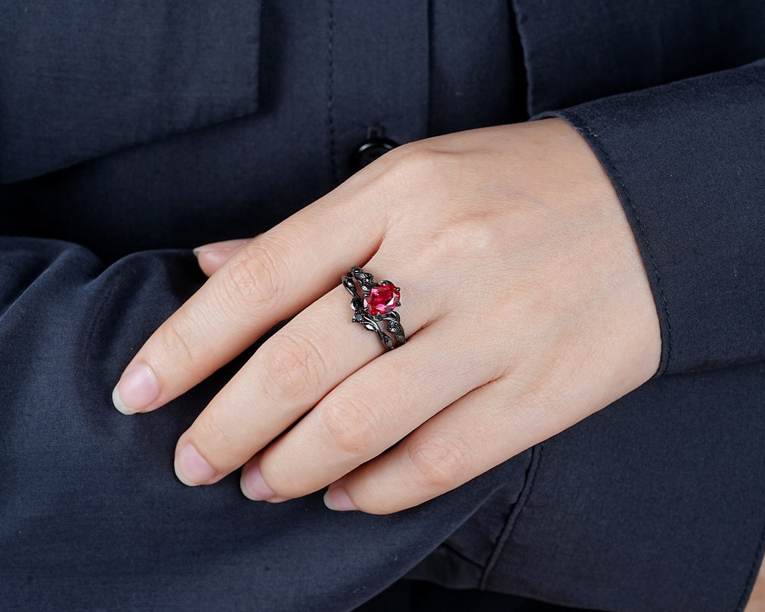 Gothic Oval Shape Ruby Leaf Engagement Ring Set, Black Gold Ruby Promise Ring Set, Nature Inspired Rhodium Black Twig Branch Bridal Set - ShainJewelry