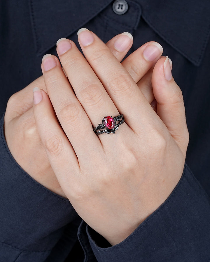 Gothic Oval Shape Ruby Leaf Engagement Ring Set, Black Gold Ruby Promise Ring Set, Nature Inspired Rhodium Black Twig Branch Bridal Set - ShainJewelry