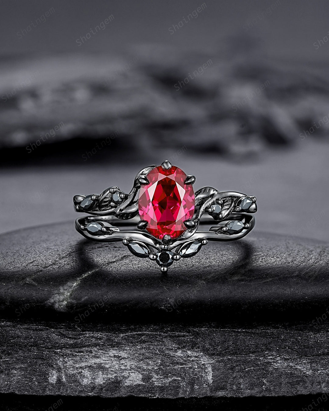 Gothic Oval Shape Ruby Leaf Engagement Ring Set, Black Gold Ruby Promise Ring Set, Nature Inspired Rhodium Black Twig Branch Bridal Set - ShainJewelry