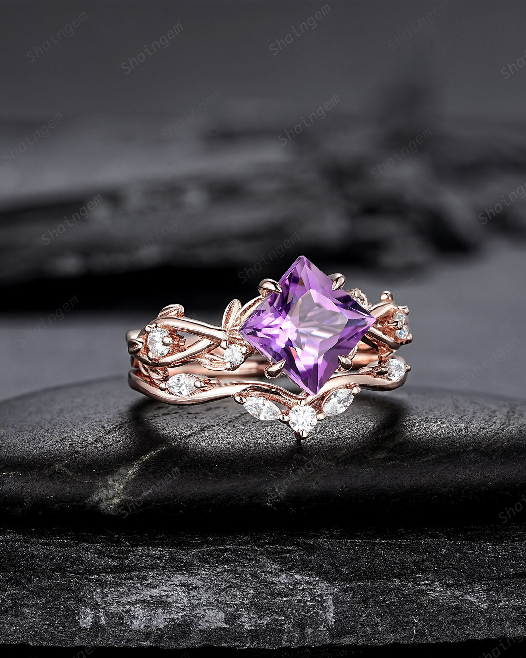 Vintage Princess Cut Amethyst Engagement Ring Set, Unique Rose Gold Twig Branch Wedding Ring, Leaf Bridal Set Promise Ring Anniversary Gift - ShainJewelry