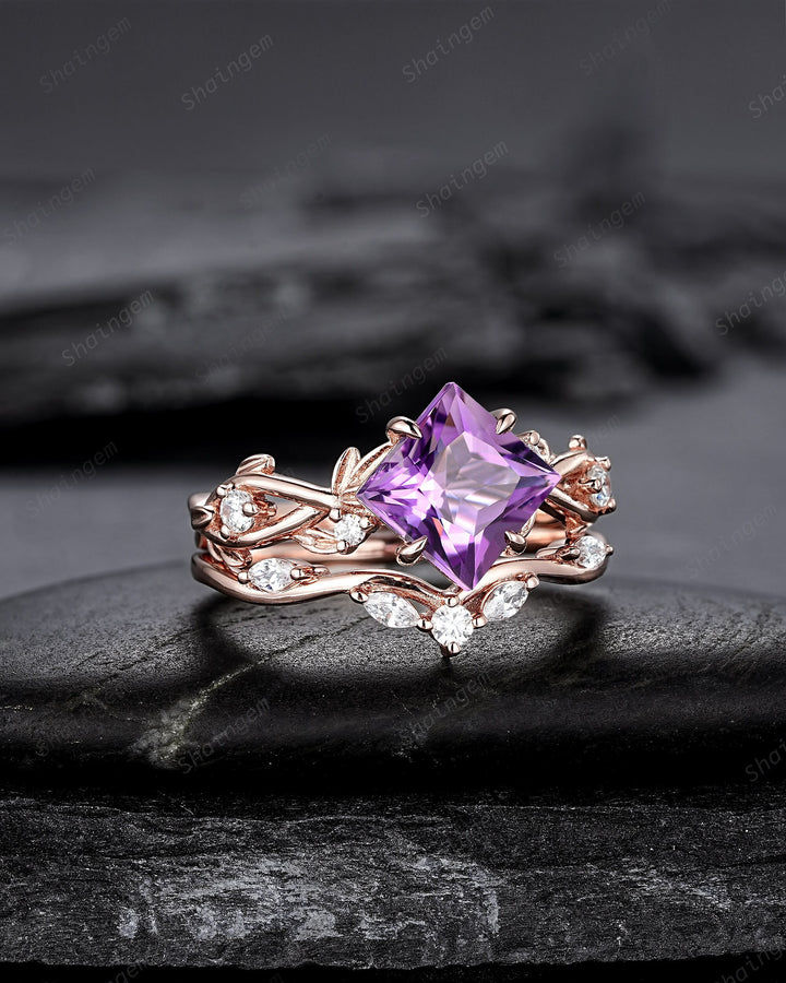 Vintage Princess Cut Amethyst Engagement Ring Set, Unique Rose Gold Twig Branch Wedding Ring, Leaf Bridal Set Promise Ring Anniversary Gift - ShainJewelry