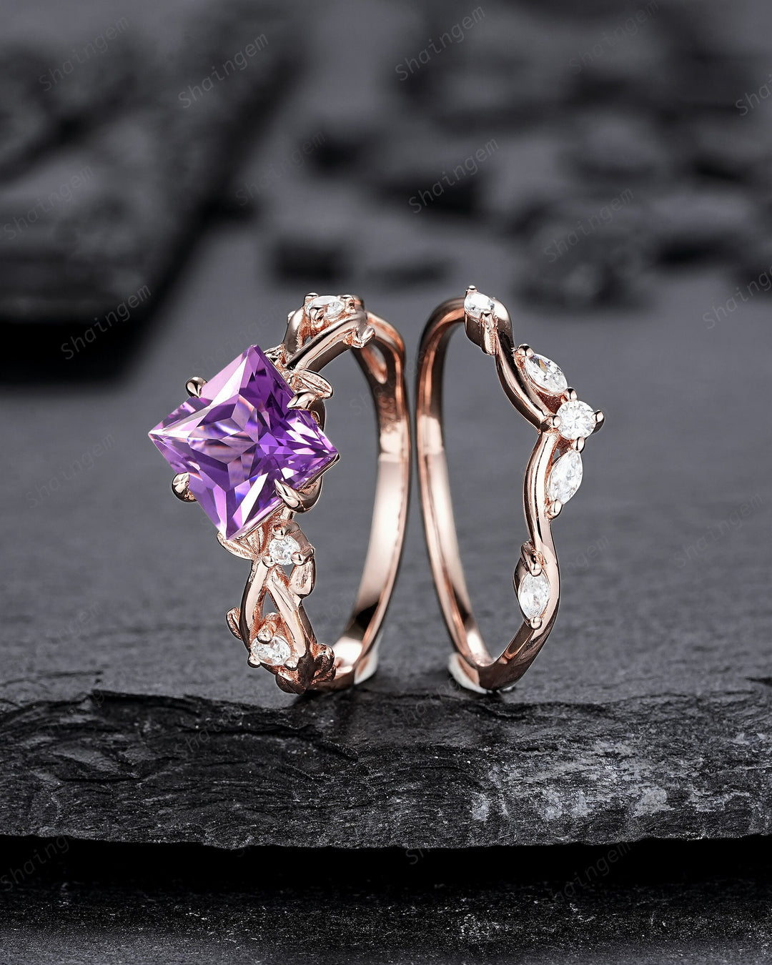 Vintage Princess Cut Amethyst Engagement Ring Set, Unique Rose Gold Twig Branch Wedding Ring, Leaf Bridal Set Promise Ring Anniversary Gift - ShainJewelry