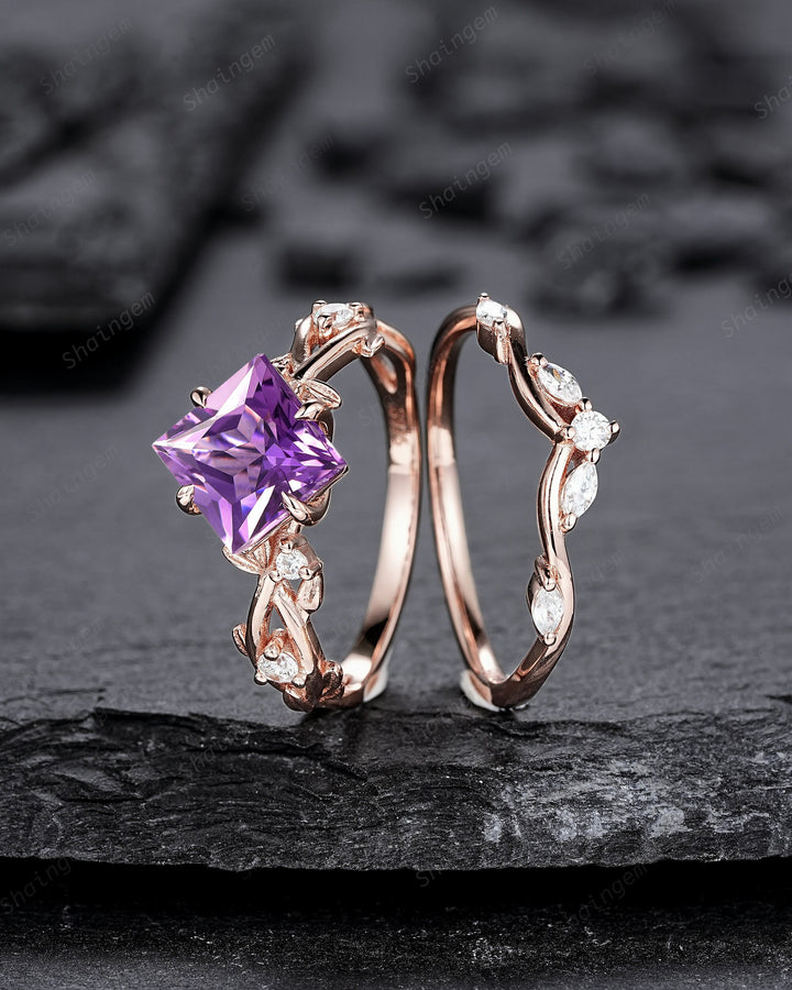 Vintage Princess Cut Amethyst Engagement Ring Set, Unique Rose Gold Twig Branch Wedding Ring, Leaf Bridal Set Promise Ring Anniversary Gift - ShainJewelry
