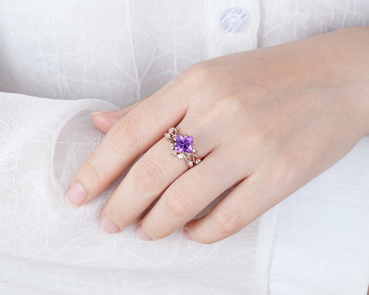 Vintage Princess Cut Amethyst Engagement Ring Set, Unique Rose Gold Twig Branch Wedding Ring, Leaf Bridal Set Promise Ring Anniversary Gift - ShainJewelry