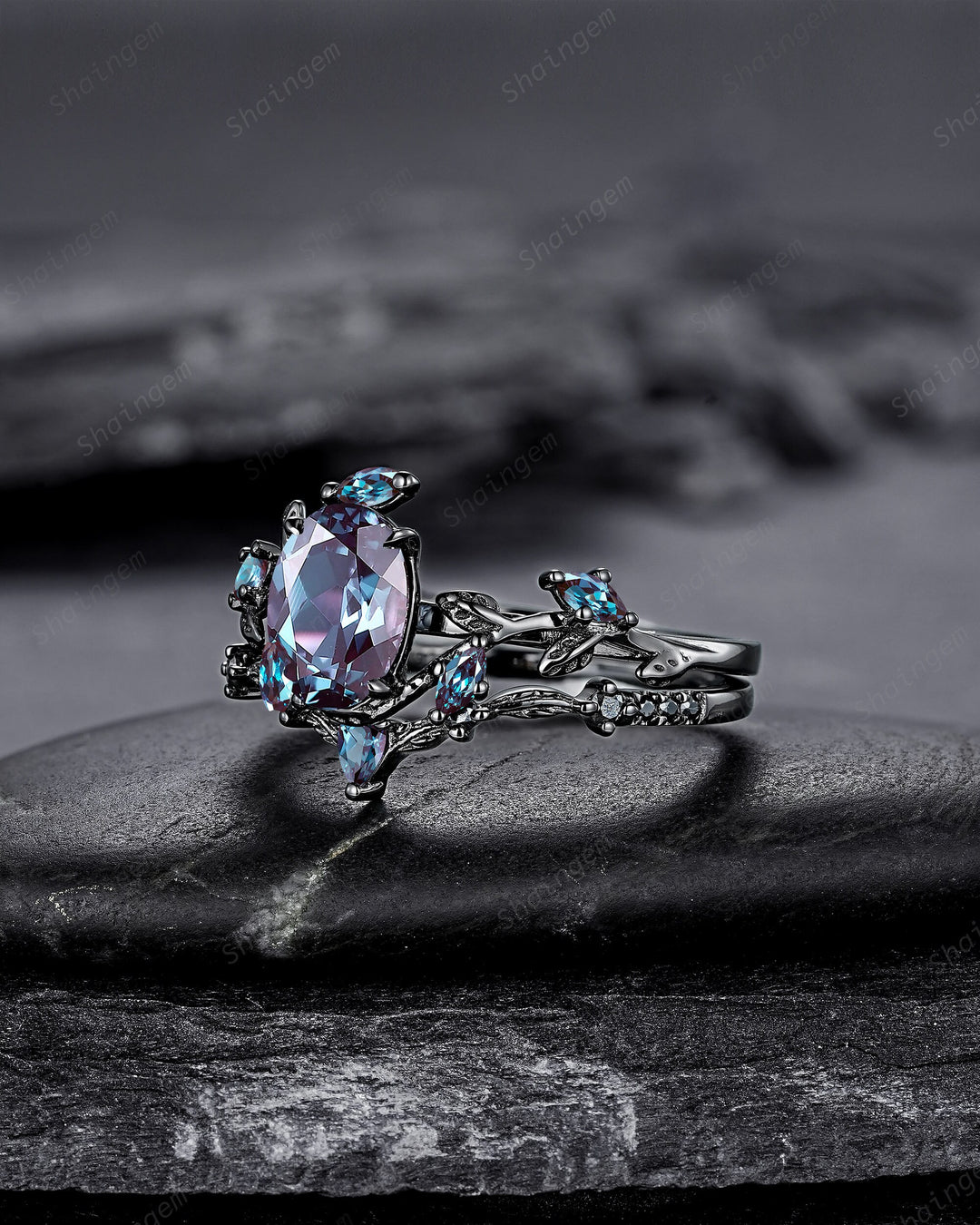 Gothic Oval Shape Alexandrite Black Engagement Ring Set, Black Gold Leaf Promise Ring Set, Rhodium Black Witchy Twig Branch Ring Bridal Set - ShainJewelry