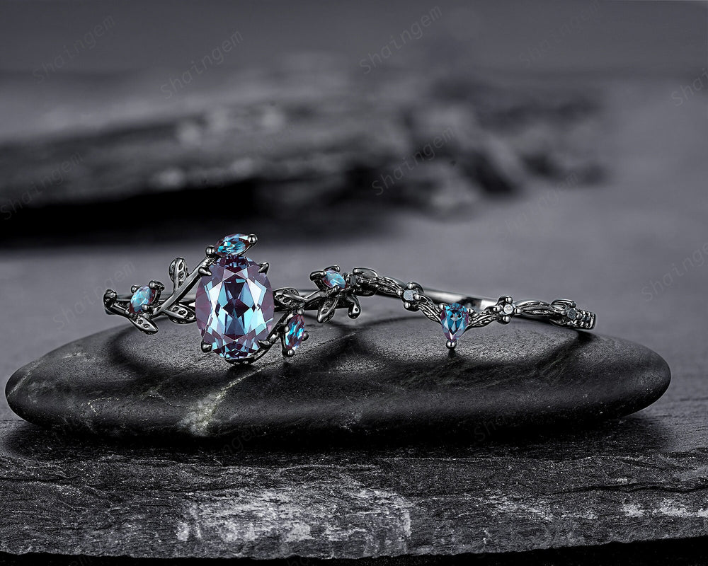 Gothic Oval Shape Alexandrite Black Engagement Ring Set, Black Gold Leaf Promise Ring Set, Rhodium Black Witchy Twig Branch Ring Bridal Set - ShainJewelry