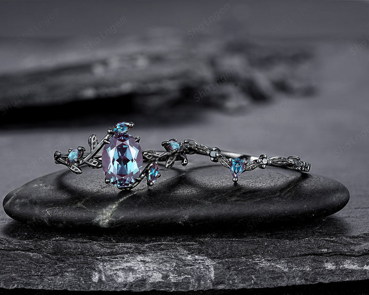 Gothic Oval Shape Alexandrite Black Engagement Ring Set, Black Gold Leaf Promise Ring Set, Rhodium Black Witchy Twig Branch Ring Bridal Set - ShainJewelry