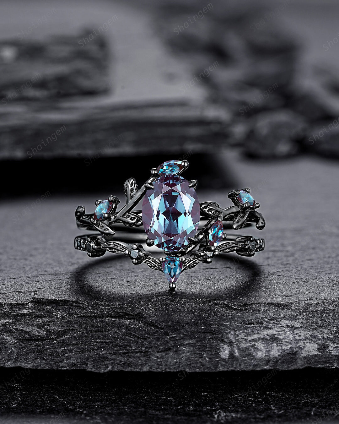 Gothic Oval Shape Alexandrite Black Engagement Ring Set, Black Gold Leaf Promise Ring Set, Rhodium Black Witchy Twig Branch Ring Bridal Set - ShainJewelry