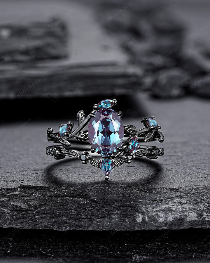 Gothic Oval Shape Alexandrite Black Engagement Ring Set, Black Gold Leaf Promise Ring Set, Rhodium Black Witchy Twig Branch Ring Bridal Set - ShainJewelry