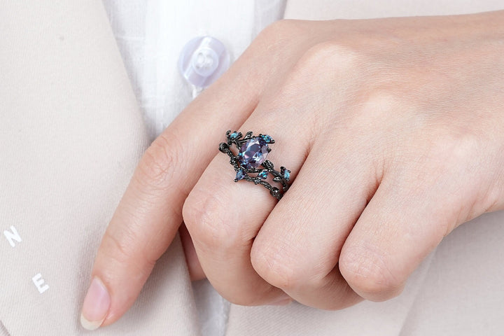 Gothic Oval Shape Alexandrite Black Engagement Ring Set, Black Gold Leaf Promise Ring Set, Rhodium Black Witchy Twig Branch Ring Bridal Set - ShainJewelry