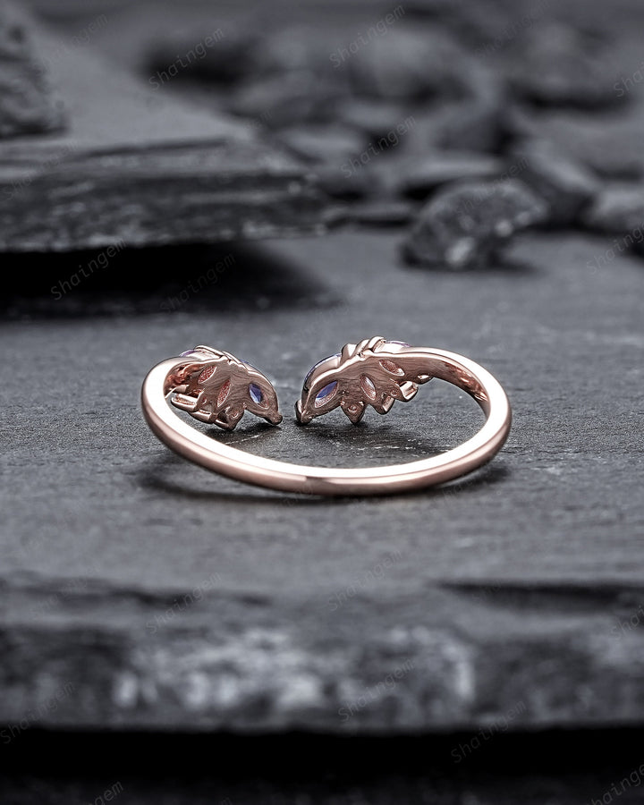 Open Gap Marquise Alexandrite Cluster Wedding Band, 14K Rose Gold Engagement Band, Curved Matching Band, Promise Ring, Engagement ring Gift - ShainJewelry