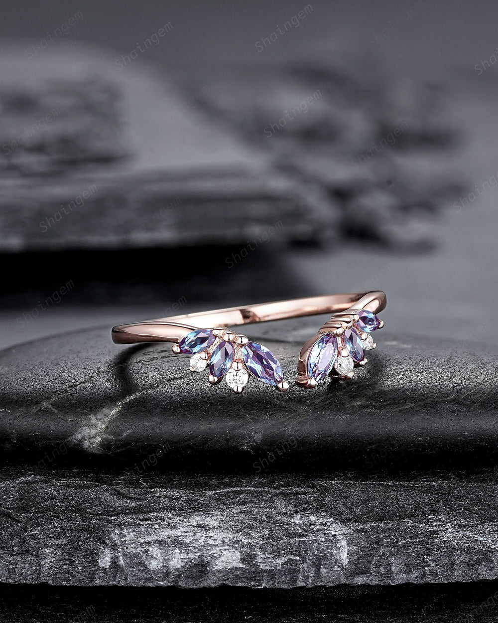 Open Gap Marquise Alexandrite Cluster Wedding Band, 14K Rose Gold Engagement Band, Curved Matching Band, Promise Ring, Engagement ring Gift - ShainJewelry