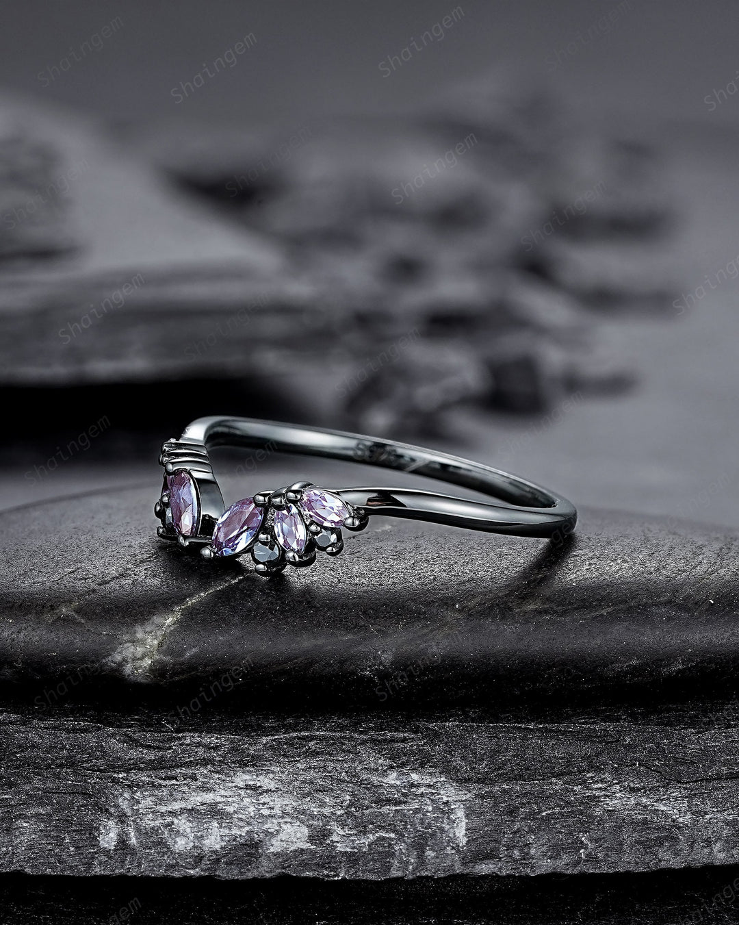 Open Gap Black Gold Marquise Alexandrite Wedding Band, Black Engagement Ring, Gothic Anniversary Matching Band, Rhodium Black Promise Ring - ShainJewelry