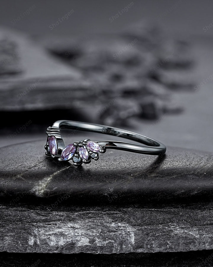 Open Gap Black Gold Marquise Alexandrite Wedding Band, Black Engagement Ring, Gothic Anniversary Matching Band, Rhodium Black Promise Ring - ShainJewelry