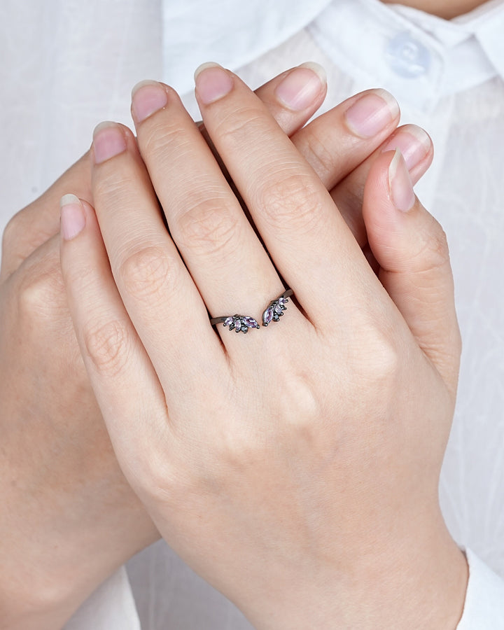 Open Gap Black Gold Marquise Alexandrite Wedding Band, Black Engagement Ring, Gothic Anniversary Matching Band, Rhodium Black Promise Ring - ShainJewelry