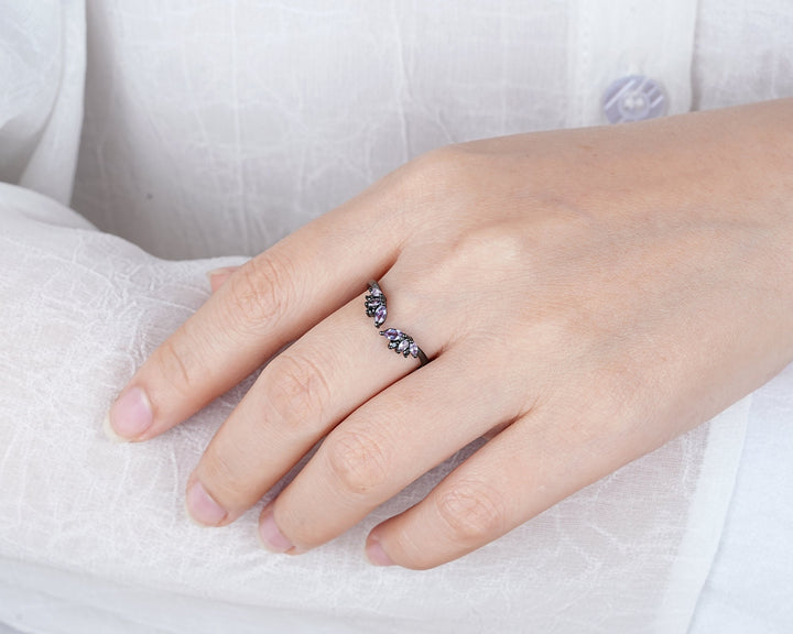 Open Gap Black Gold Marquise Alexandrite Wedding Band, Black Engagement Ring, Gothic Anniversary Matching Band, Rhodium Black Promise Ring - ShainJewelry