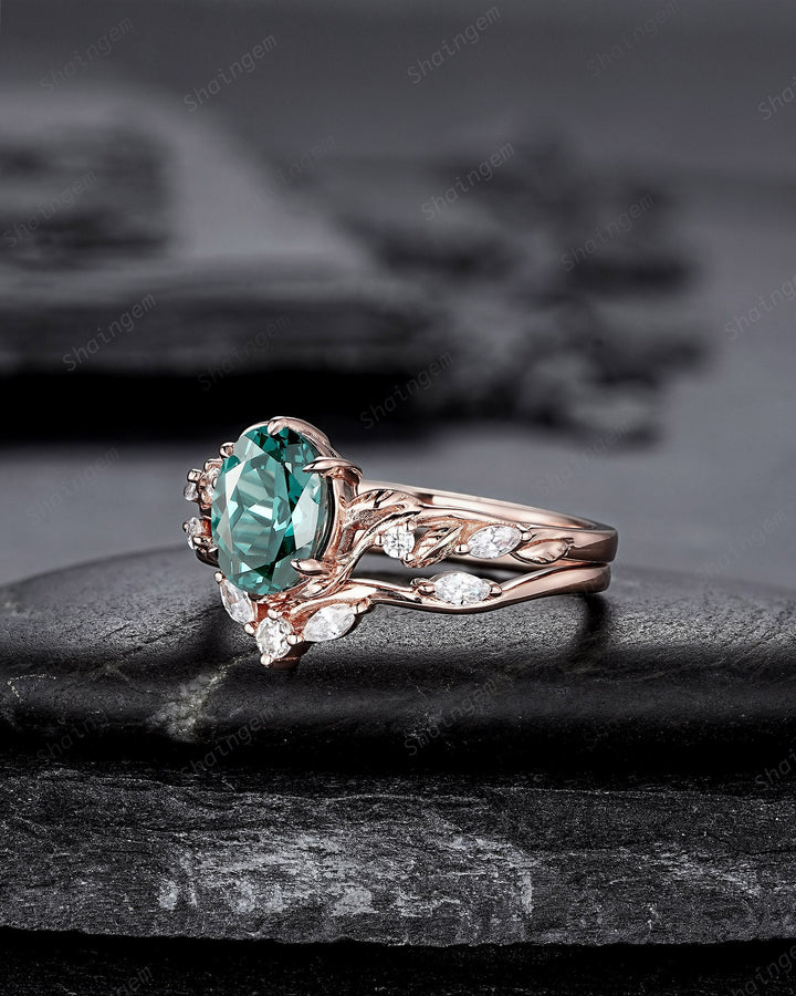Oval Shape Teal Sapphire and Diamond Engagement Ring Set, Rose Gold Twig Branch Wedding Ring, Nature Inspired Promise Ring Gift for Women - ShainJewelry