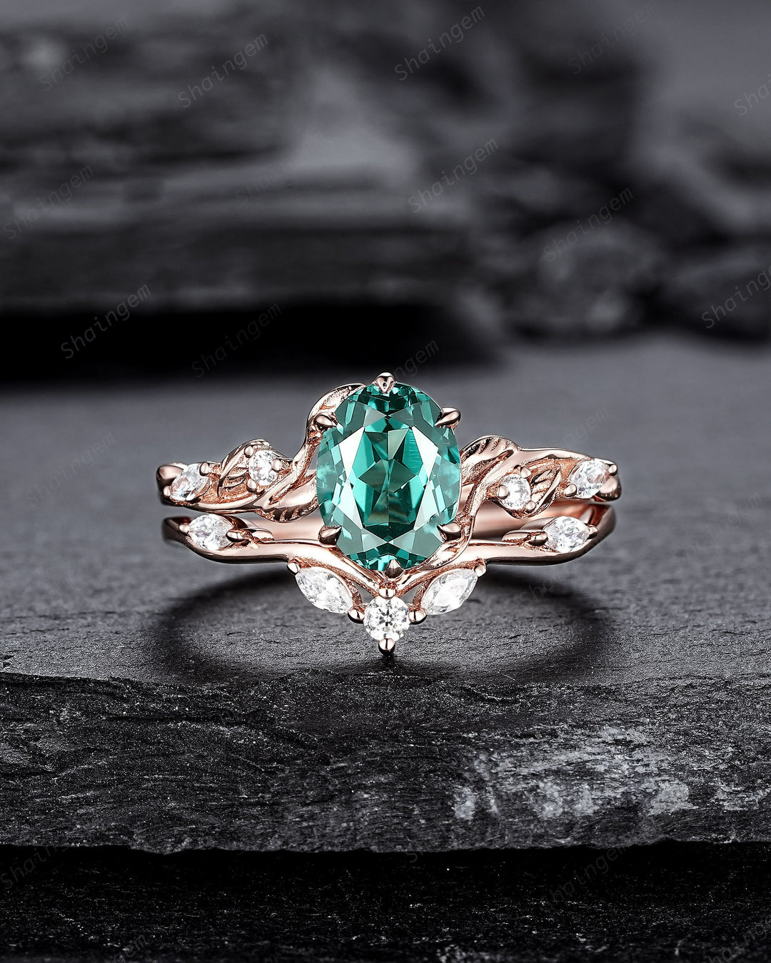 Oval Shape Teal Sapphire and Diamond Engagement Ring Set, Rose Gold Twig Branch Wedding Ring, Nature Inspired Promise Ring Gift for Women - ShainJewelry