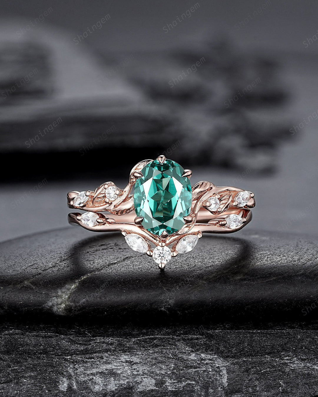 Oval Shape Teal Sapphire and Diamond Engagement Ring Set, Rose Gold Twig Branch Wedding Ring, Nature Inspired Promise Ring Gift for Women - ShainJewelry