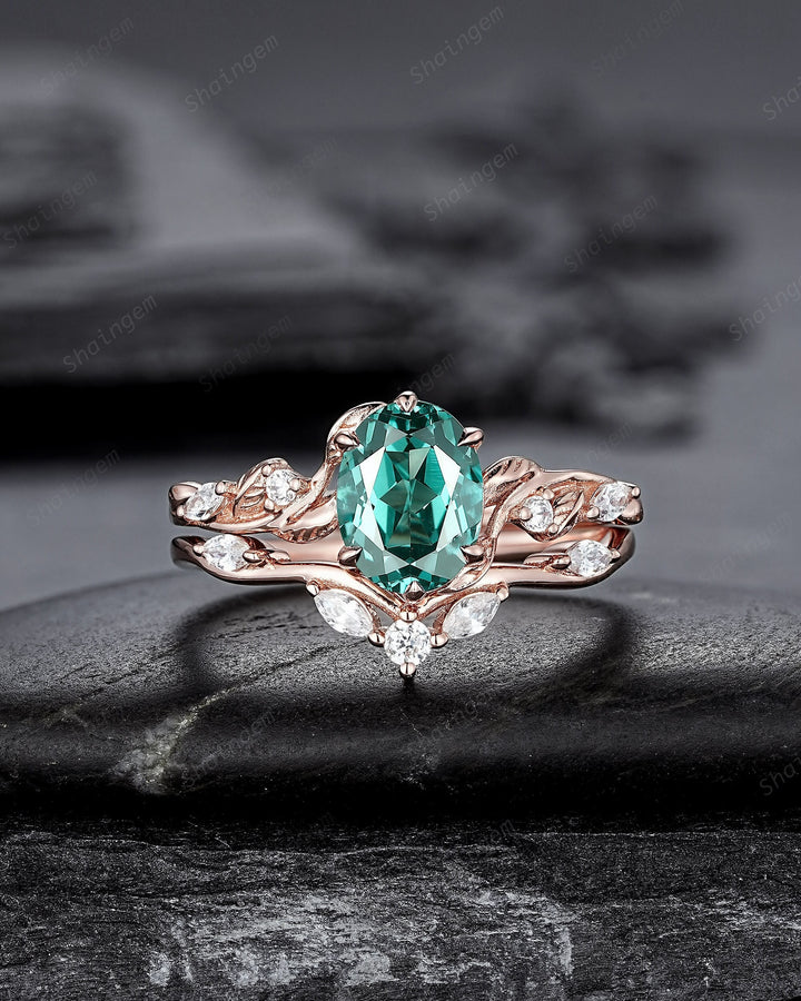 Oval Shape Teal Sapphire and Diamond Engagement Ring Set, Rose Gold Twig Branch Wedding Ring, Nature Inspired Promise Ring Gift for Women - ShainJewelry