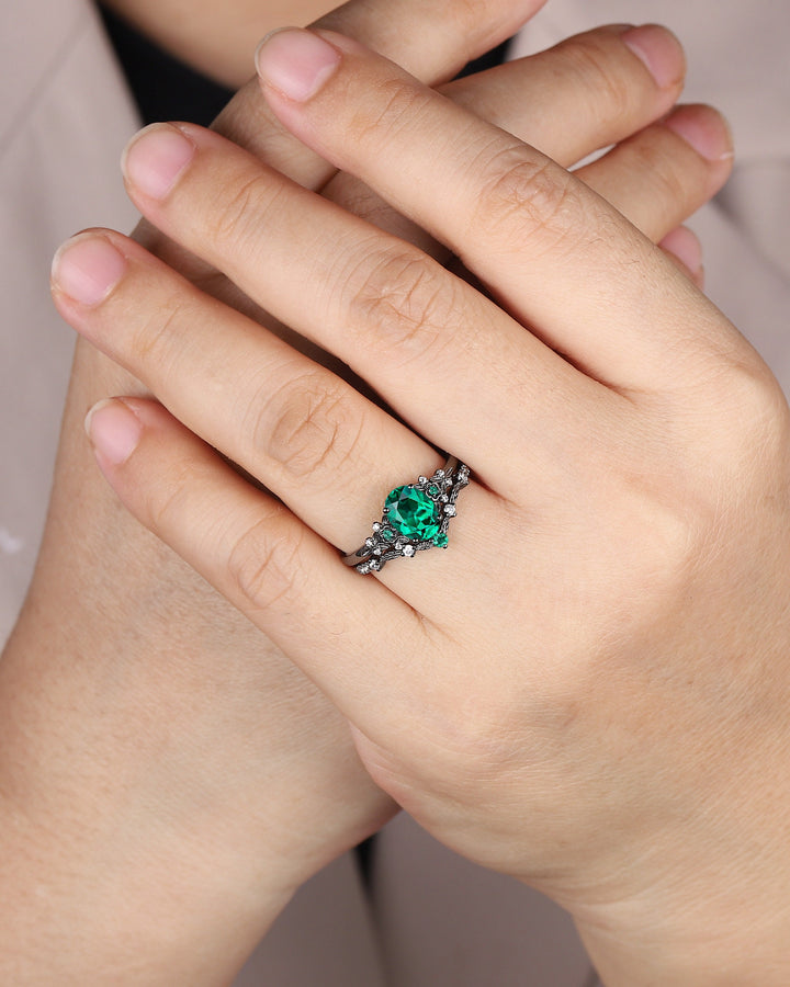 Vintage Black Gold Oval Shape Emerald Engagement Ring, Rhodium Black Emerald Wedding Set, Witchy Bridal Set Promise Ring Black Floral Ring - ShainJewelry