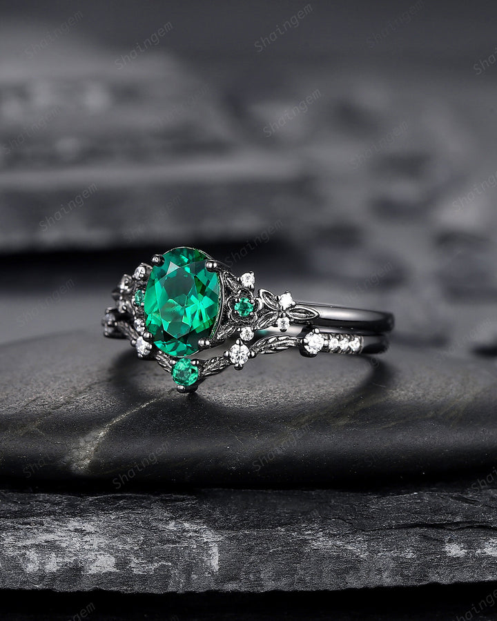 Vintage Black Gold Oval Shape Emerald Engagement Ring, Rhodium Black Emerald Wedding Set, Witchy Bridal Set Promise Ring Black Floral Ring - ShainJewelry