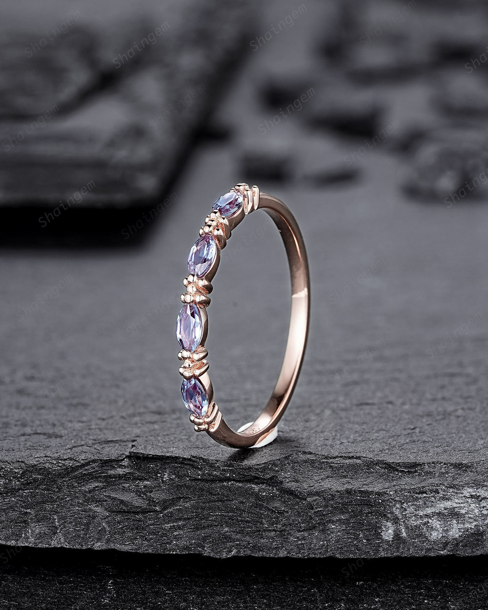 Marquise Alexandrite Wedding Band, 14K Rose Gold Engagement Band, Straight Matching Band, Promise Ring, Engagement Ring Gift for Women - ShainJewelry
