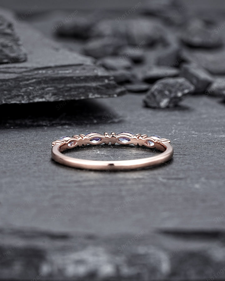 Marquise Alexandrite Wedding Band, 14K Rose Gold Engagement Band, Straight Matching Band, Promise Ring, Engagement Ring Gift for Women - ShainJewelry