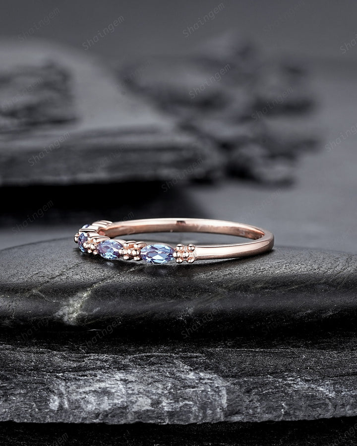 Marquise Alexandrite Wedding Band, 14K Rose Gold Engagement Band, Straight Matching Band, Promise Ring, Engagement Ring Gift for Women - ShainJewelry