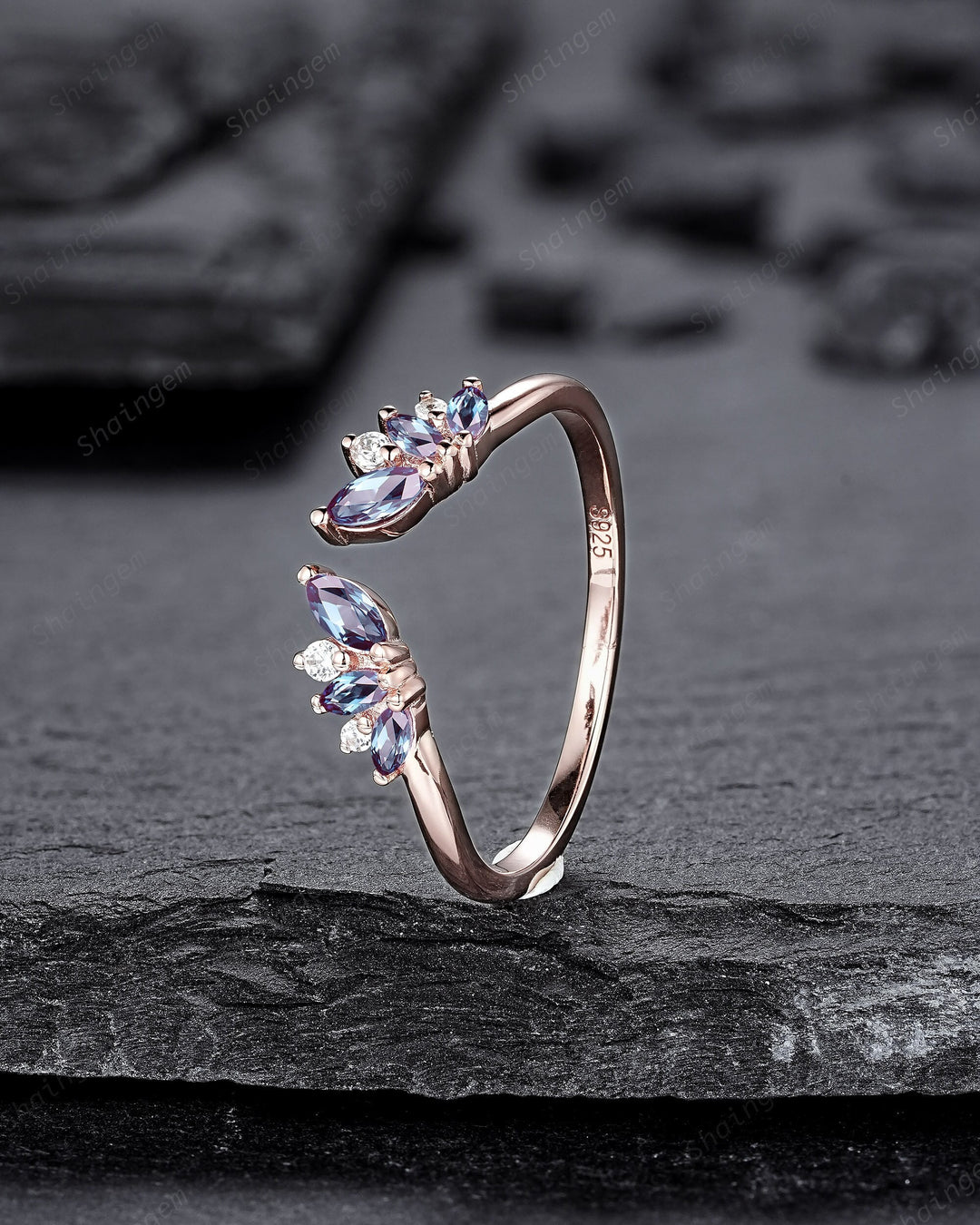 Open Gap Marquise Alexandrite Cluster Wedding Band, 14K Rose Gold Engagement Band, Curved Matching Band, Promise Ring, Engagement ring Gift - ShainJewelry