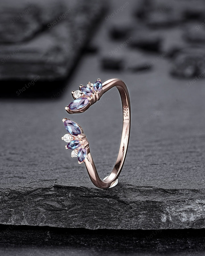Open Gap Marquise Alexandrite Cluster Wedding Band, 14K Rose Gold Engagement Band, Curved Matching Band, Promise Ring, Engagement ring Gift - ShainJewelry