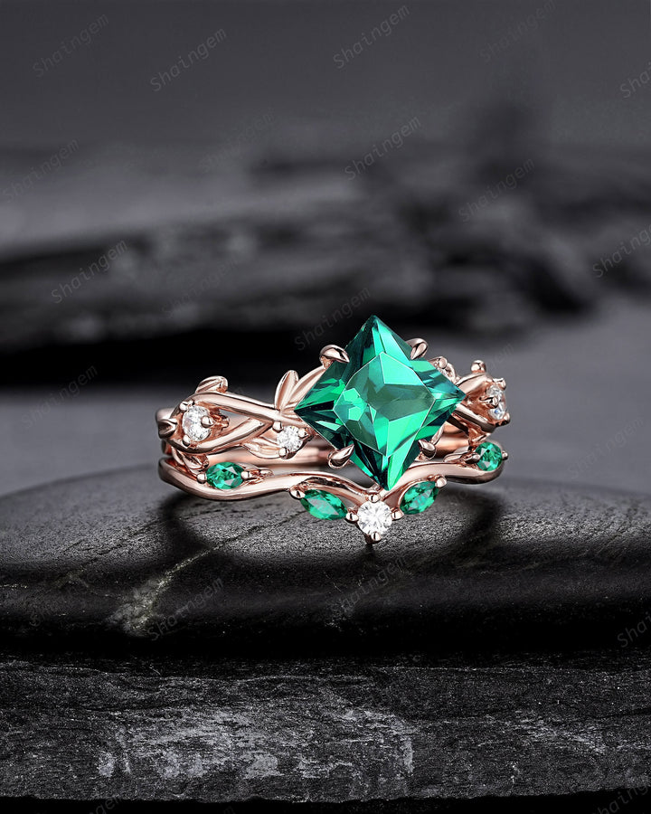 Princess Cut Emerald Engagement Ring Set, 14K Rose Gold May Birthstone Leaf Promise Ring, Nature Inspired Twig Branch Vine Wedding Set - ShainJewelry