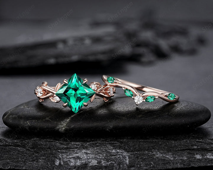 Princess Cut Emerald Engagement Ring Set, 14K Rose Gold May Birthstone Leaf Promise Ring, Nature Inspired Twig Branch Vine Wedding Set - ShainJewelry