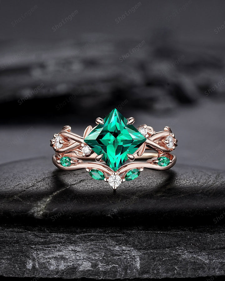 Princess Cut Emerald Engagement Ring Set, 14K Rose Gold May Birthstone Leaf Promise Ring, Nature Inspired Twig Branch Vine Wedding Set - ShainJewelry