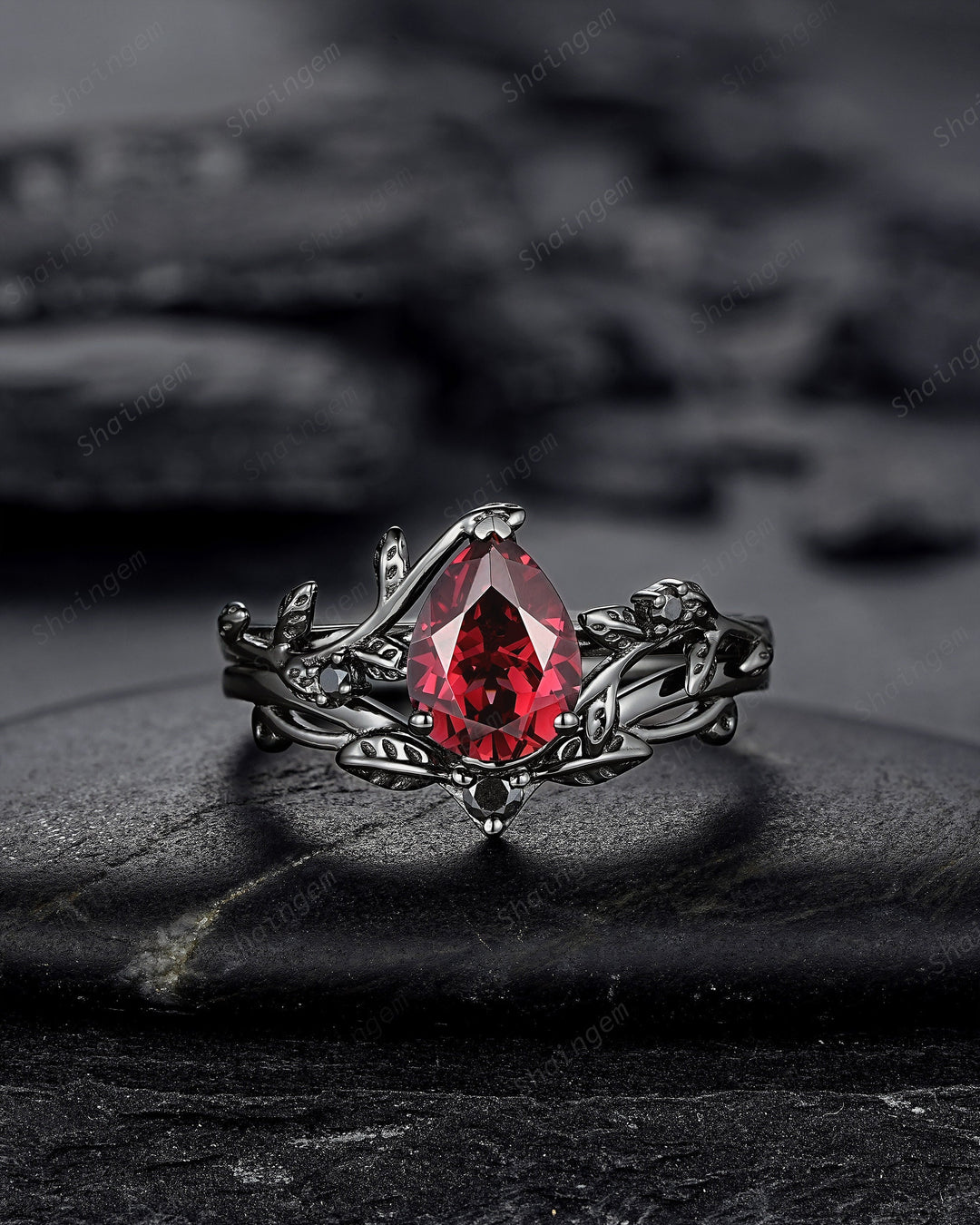 Nature Inspired Black Gold Garnet Engagement Ring Set, Rhodium Black Garnet Promise Ring, Black Wedding Ring, Gothic Anniversary Ring Gift - ShainJewelry