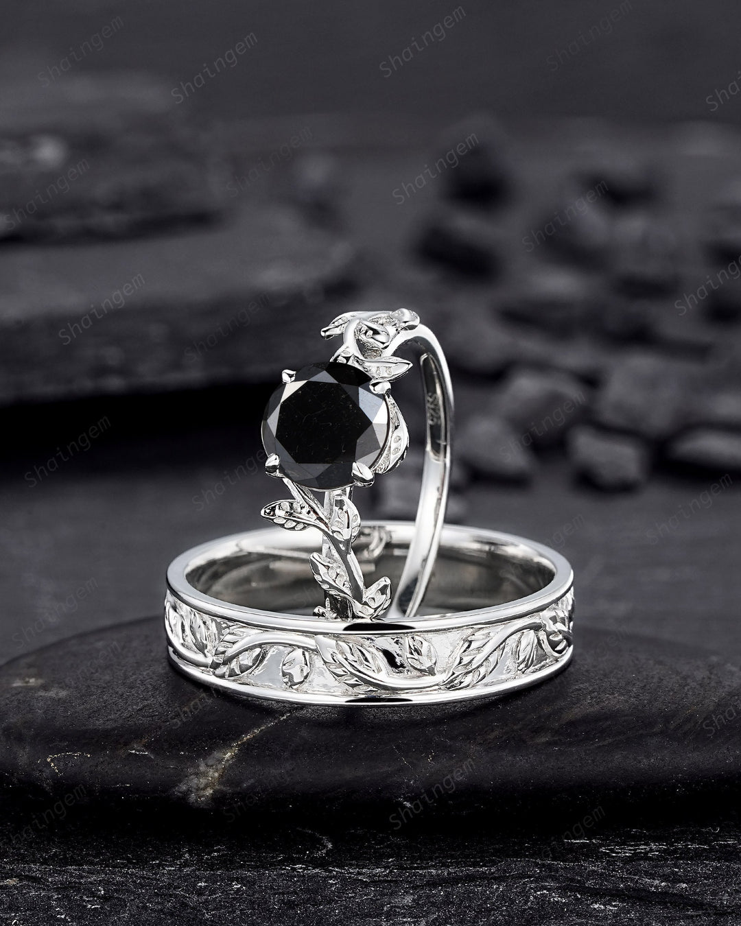 Platinum His and Hers Natural Black Diamond Engagement Ring, Men's Wedding Band, Women's Matching Band, 18K White Gold Leaf Couple Ring Set - ShainJewelry