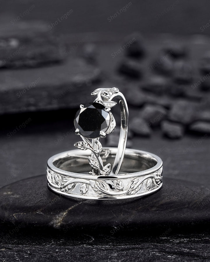 Platinum His and Hers Natural Black Diamond Engagement Ring, Men's Wedding Band, Women's Matching Band, 18K White Gold Leaf Couple Ring Set - ShainJewelry