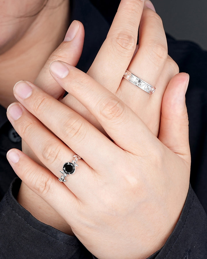 Platinum His and Hers Natural Black Diamond Engagement Ring, Men's Wedding Band, Women's Matching Band, 18K White Gold Leaf Couple Ring Set - ShainJewelry