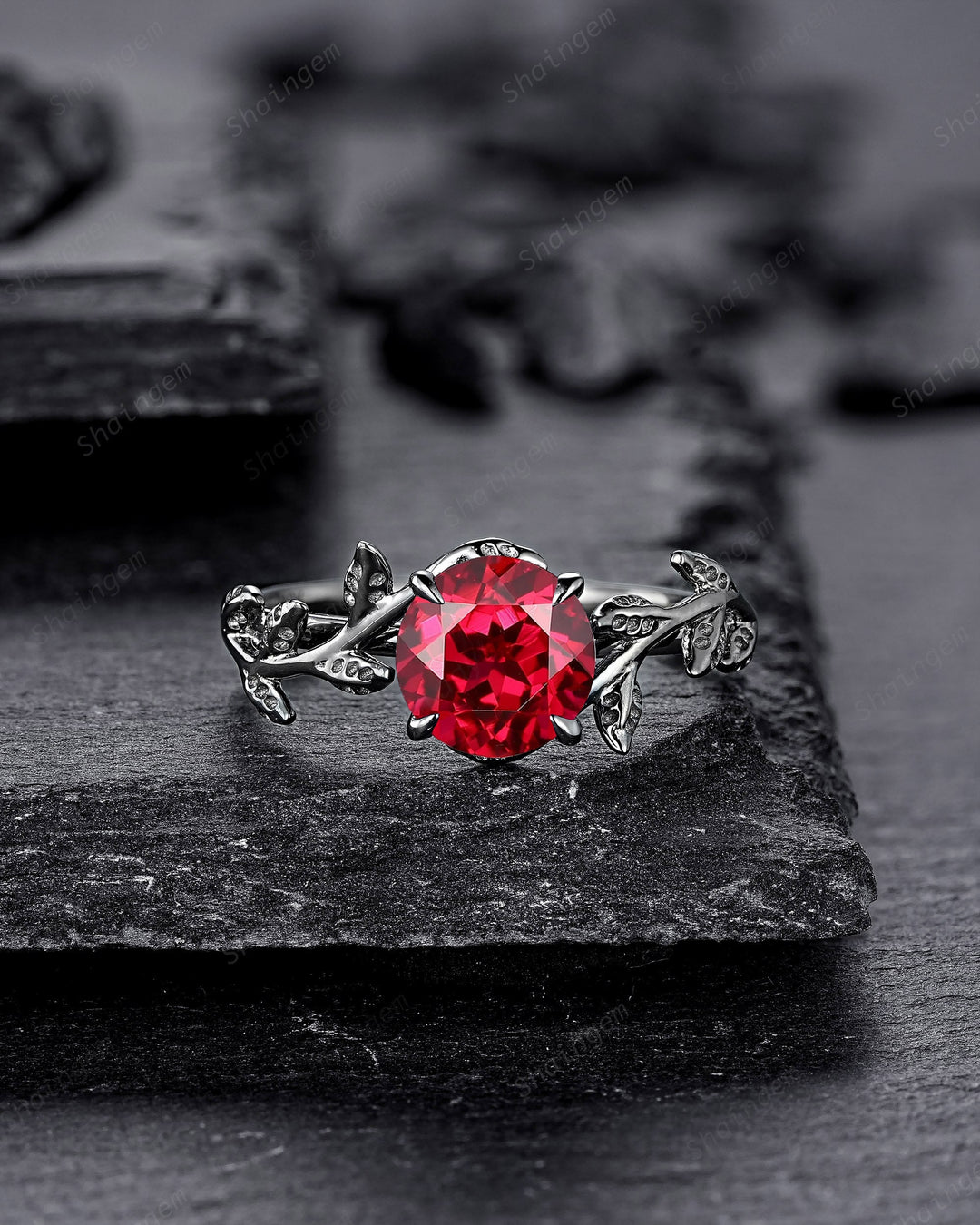 Black Gold Finish Round Ruby Engagement Ring, Rhodium Black Hip Hop Leaf Nature Inspired Ruby Promise Ring, Gothic Anniversary Gift for her - ShainJewelry