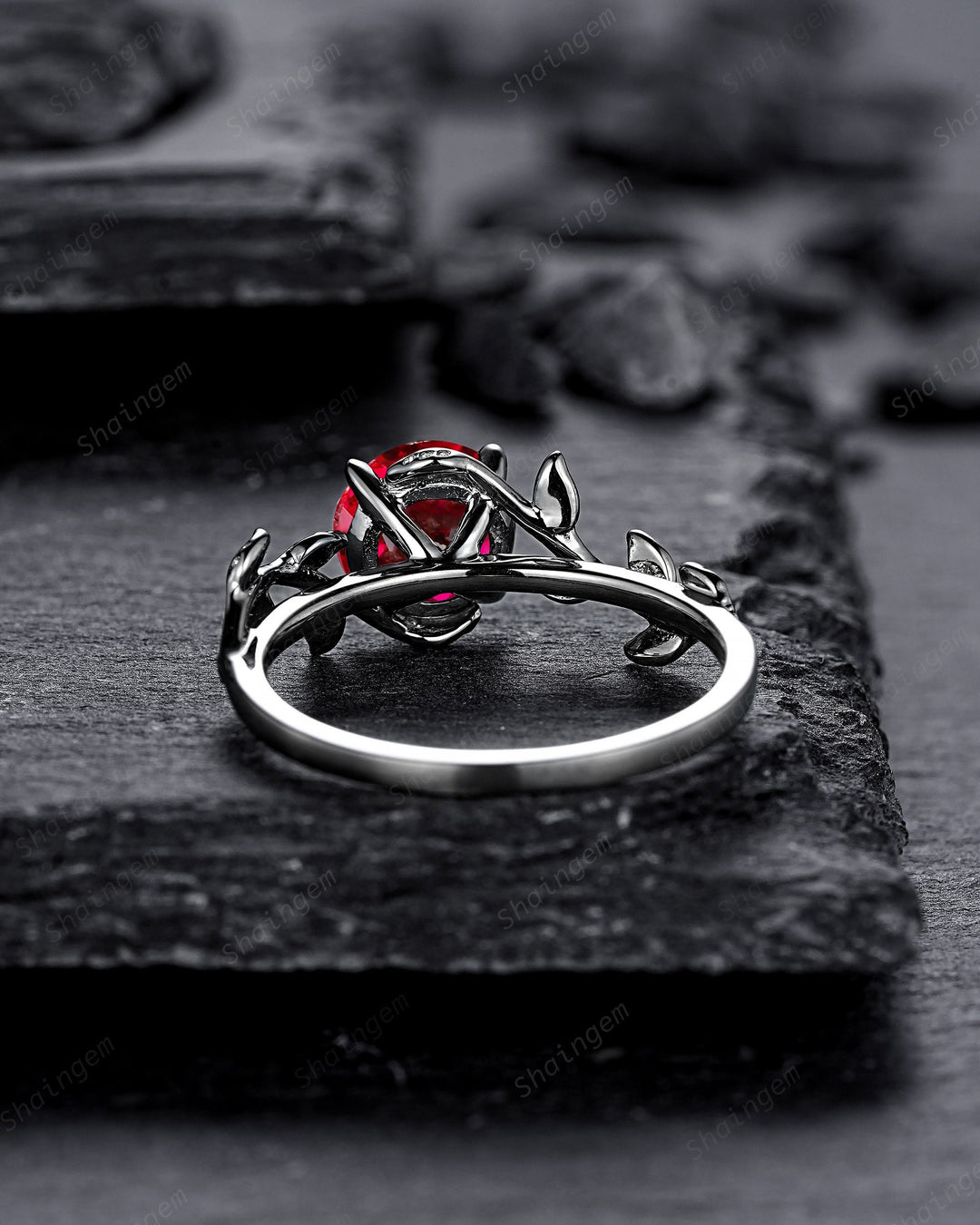 Black Gold Finish Round Ruby Engagement Ring, Rhodium Black Hip Hop Leaf Nature Inspired Ruby Promise Ring, Gothic Anniversary Gift for her - ShainJewelry