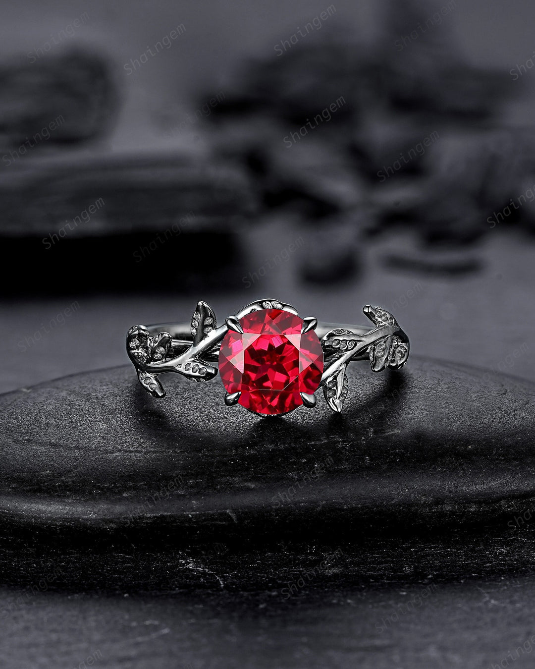 Black Gold Finish Round Ruby Engagement Ring, Rhodium Black Hip Hop Leaf Nature Inspired Ruby Promise Ring, Gothic Anniversary Gift for her - ShainJewelry