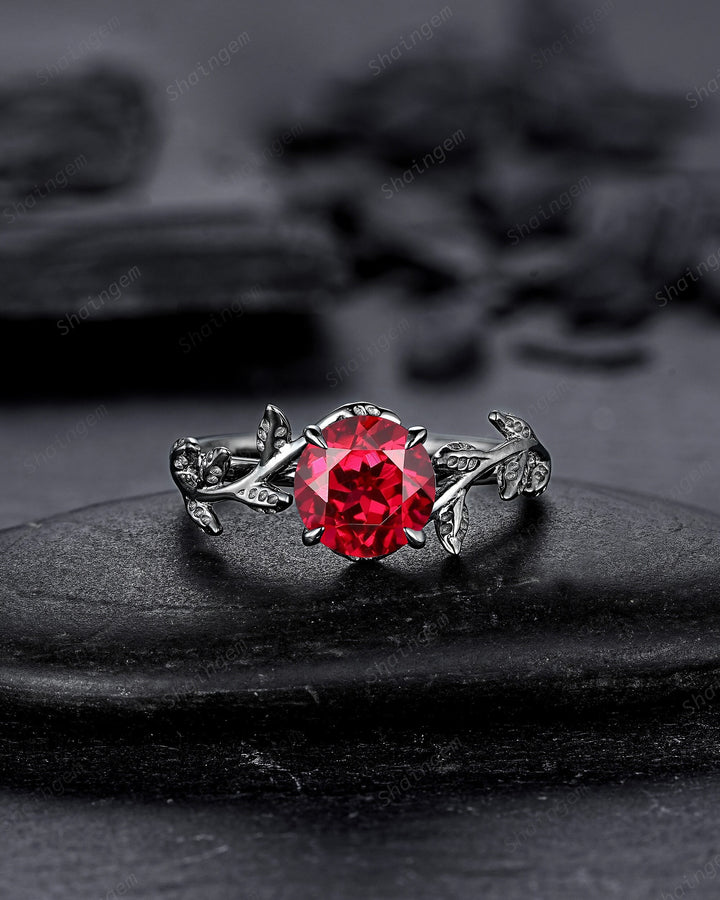 Black Gold Finish Round Ruby Engagement Ring, Rhodium Black Hip Hop Leaf Nature Inspired Ruby Promise Ring, Gothic Anniversary Gift for her - ShainJewelry