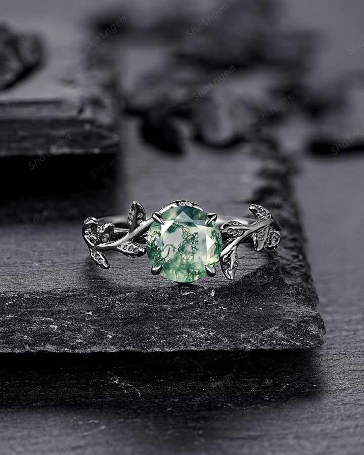 Black Gold Round Shape Moss Agate Solitaire Engagement Ring, Rhodium Black Leaf Nature Inspired Promise Ring, Gothic Anniversary Gift - ShainJewelry