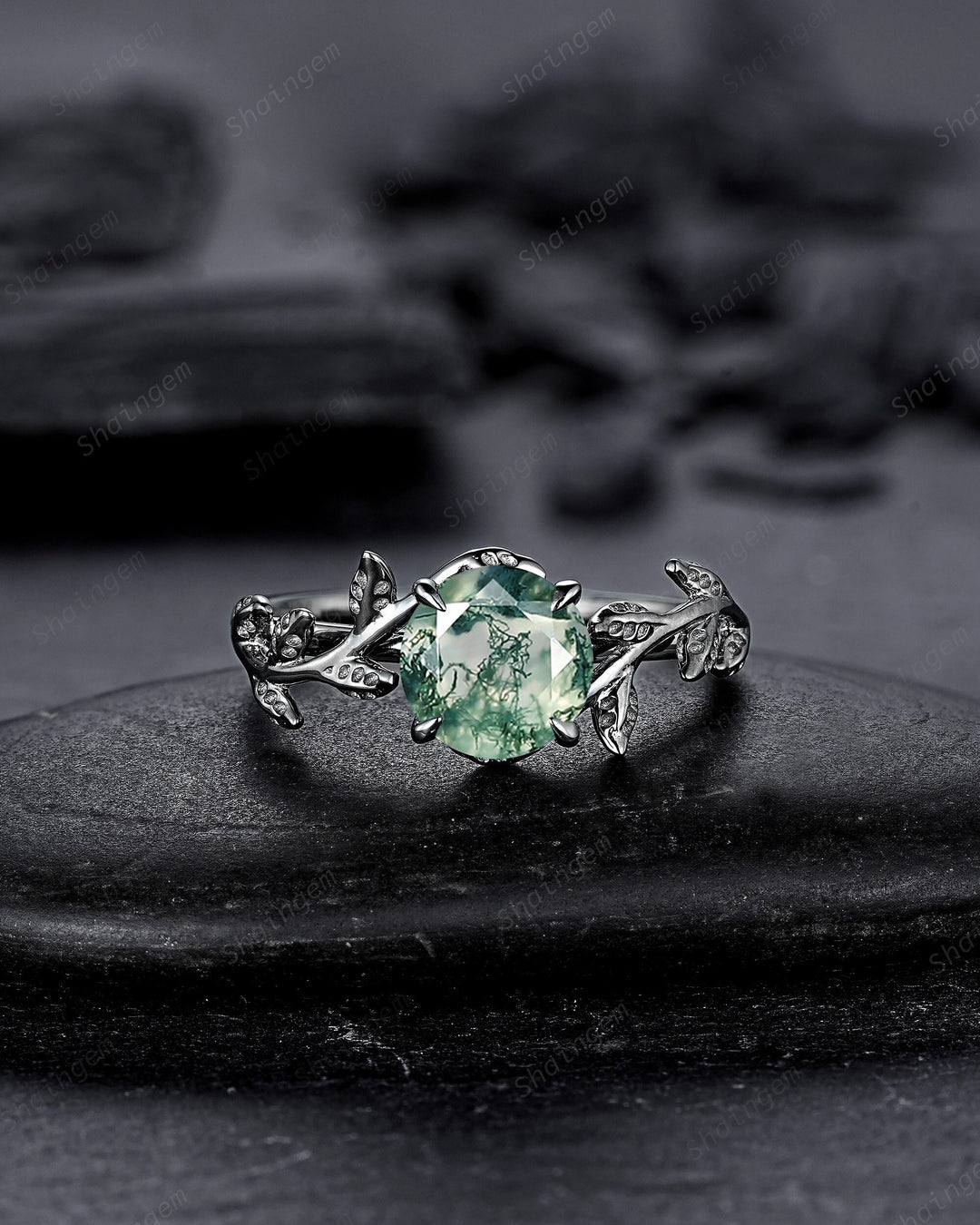 Black Gold Round Shape Moss Agate Solitaire Engagement Ring, Rhodium Black Leaf Nature Inspired Promise Ring, Gothic Anniversary Gift - ShainJewelry